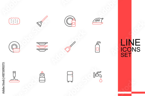 Set line Water tap, Refrigerator, Dishwashing liquid bottle, Rubber cleaner for windows, Antibacterial soap, Dustpan, Washing dishes and icon. Vector