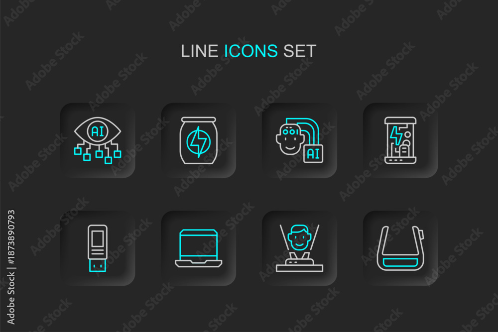 Fototapeta premium Set line Smart glasses on spectacles, Hologram, Laptop, USB flash drive, Cryogenic capsules, Humanoid robot, Energy drink and Computer vision icon. Vector
