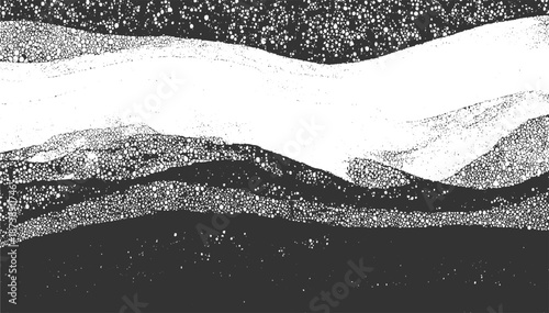 Abstract monochrome background composed of layered organic shapes filled with a dense pattern of small circles and dots creating a bubbly textured effect