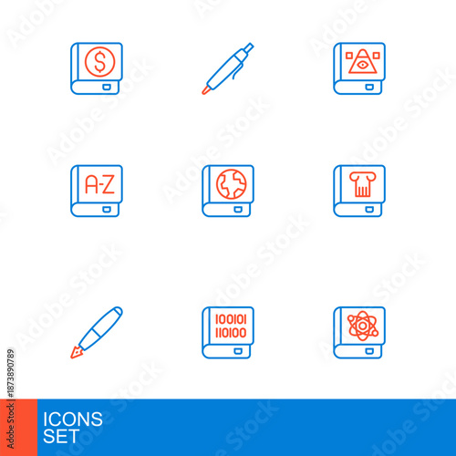 Set line Book about physics, Books programming, Fountain pen nib, History book, Translator, Earth globe and, Ancient magic and Pen icon. Vector