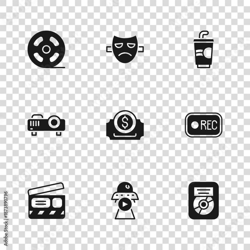 Set Science fiction, Record button, CD disk award in frame, Cinema ticket, Paper glass with water, Film reel, Drama theatrical mask and Movie, film, media projector icon. Vector