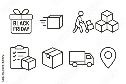 Black friday shopping and shipping icons with delivery and package symbols