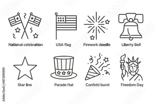 Patriotic symbols: usa flag, liberty bell, fireworks, and statue of liberty