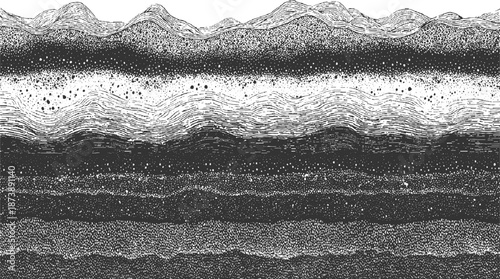Detailed cross-section of geological strata showing layers of earth and rock formations with varied textures and wave-like patterns in a monochromatic vintage style
