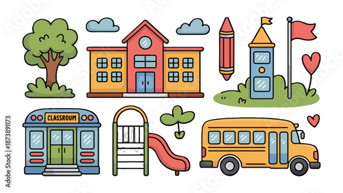 School Elements: Charming illustrated school elements, bringing a sense of learning, playfulness, and education to the foreground, evoking a world of endless possibilities for students.