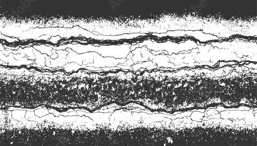 Horizontal abstract texture with cracked lines and granular speckles in black and white, suggesting dry earth or weathered surfaces with a gritty feel