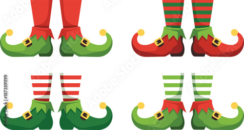 Christmas elf shoes and striped stockings vector illustration, festive holiday footwear collection, cartoon style elves legs, winter celebration design set