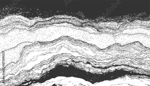 Intricate hand-drawn abstract pattern resembling geological strata with detailed cross-hatching and stippling creating depth and texture in monochrome