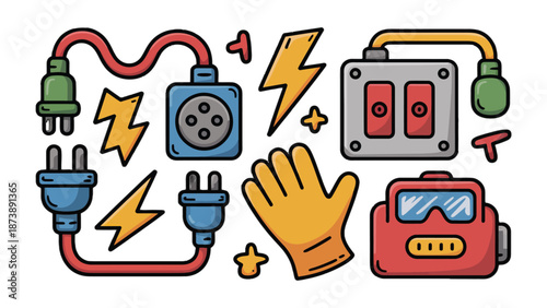 Electricity Essentials: A vibrant display of essential electrical elements, including plugs, switches, and safety gear, creating a comprehensive visual resource for electrical themes.