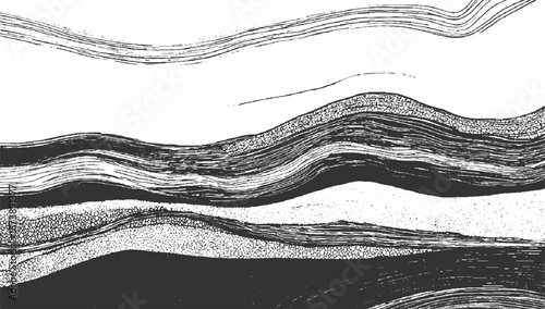 Abstract monochrome textured layers with undulating wavy bands and granular patterns creating a sense of geological strata and organic composition