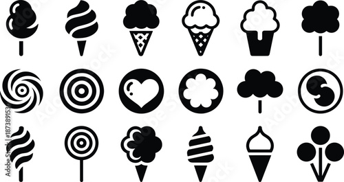Ice cream and dessert icons vector set, black silhouette sweets collection including cones, popsicles, candy shapes and abstract food symbols
