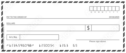 Empty money cheque. Bank check. check book template with pattern and blank fields. Currency payment coupon, US dollar check background.