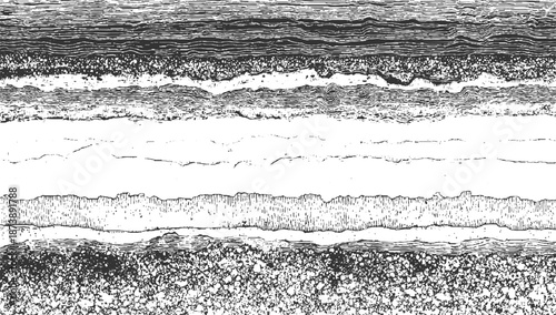Monochrome abstract background showcasing horizontal strata with diverse textures from fine lines to granular patterns resembling geological layers or sediment