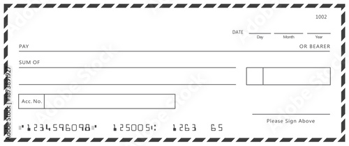 Empty money cheque. Bank check. check book template with pattern and blank fields. Currency payment coupon, US dollar check background.