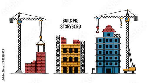 Construction Storyboard: Architectural plan illustrates the building phase, from laying the foundation to constructing the walls and roof