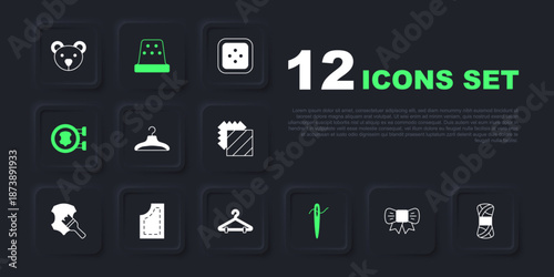 Set Gift bow, Yarn, Hanger wardrobe, Needle for sewing with thread, Leather, Sewing pattern, Thimble and icon. Vector