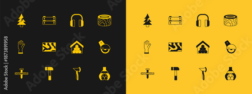 Set Wooden logs, Hammer, axe, beam, Headphones, Tree and box icon. Vector