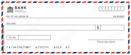 Bank check, vector blank money cheque, checkbook template with guilloche pattern and fields. Currency payment coupon, money check background