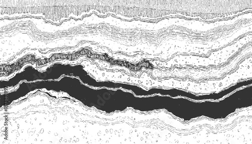 Monochrome abstract showcasing layered organic forms with a central dark band resembling a river or geological fissure surrounded by textured granular