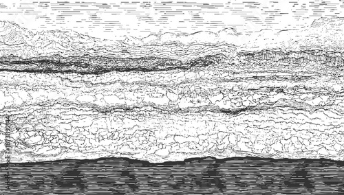 Abstract representation of cracked earth or dry terrain with intricate linear details and tonal variations in a monochromatic style