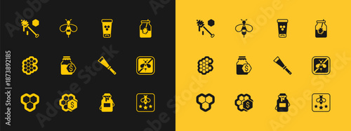 Set Jar of honey and dipper stick, Sale honeycomb, Beekeeping knife, jar, Cosmetic tube with, Honey and icon. Vector