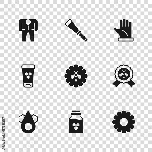 Set Jar of honey, Best bee, Flower, Bee flower, Beekeeper glove, costume, Beekeeping knife and Cosmetic tube with icon. Vector