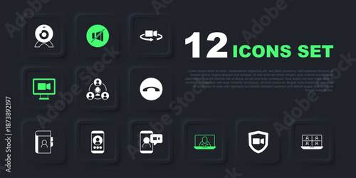 Set Video chat conference, Meeting, Mute microphone and icon. Vector