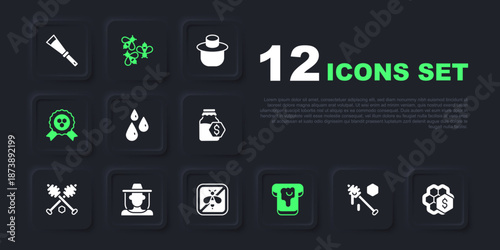 Set Honey dipper stick, Sale of honeycomb, Drops, Bread with, award, Beekeeper protect hat, Bees and Stop bee icon. Vector