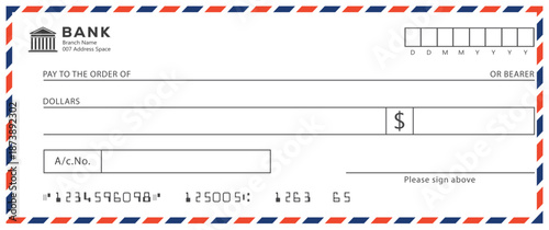 Bank check, vector blank money cheque, checkbook template with guilloche pattern and fields. Currency payment coupon, money check background