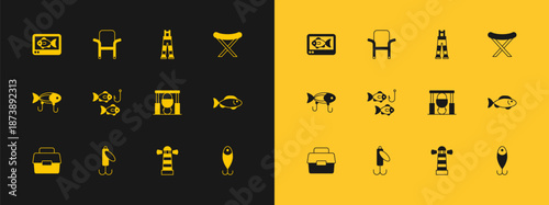 Set Camping folding chair, Fishing lure, Campfire and pot, Lighthouse, hook with fish, Fisherman pants, finder echo sounder and icon. Vector