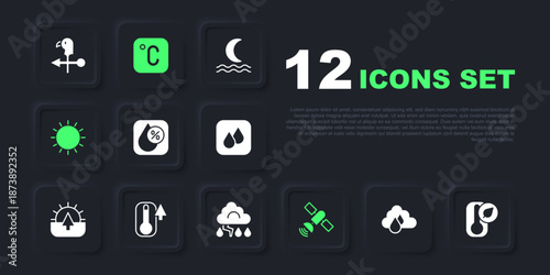 Set Cloud with rain, Thermometer, Water drop percentage, Satellite, Sun, Celsius and and lightning icon. Vector