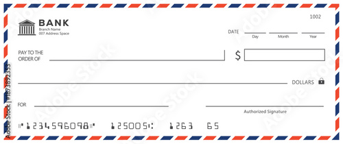 Bank check, vector blank money cheque, checkbook template with guilloche pattern and fields. Currency payment coupon, money check background