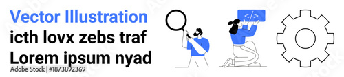 Data analysis, software development, problem-solving, teamwork, innovation, and technology. A man with a magnifying glass, a woman coding and a gear icon. Data analysis and software development