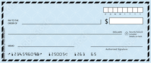 Blue Bank check, vector blank money cheque, checkbook template with guilloche pattern and fields. Currency payment coupon, money check background