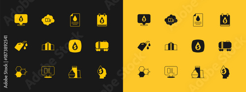 Set Oil drop with dollar symbol, Word oil, tank storage, Contract money and pen, and CO2 emissions in cloud icon. Vector