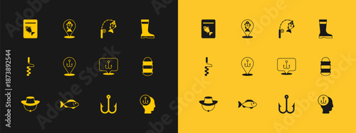 Set Fishing boots, hook, rod and fish, Served on plate and Location fishing icon. Vector