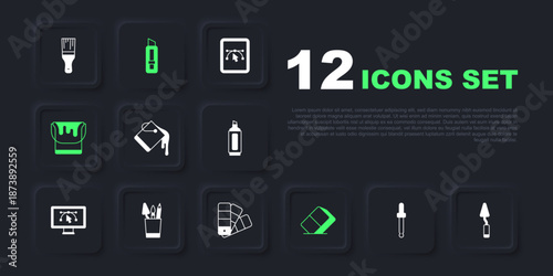 Set Eyedropper color picker palette, Palette knife, Paint bucket, Eraser rubber, Pencil case stationery, Stationery and Color guide icon. Vector