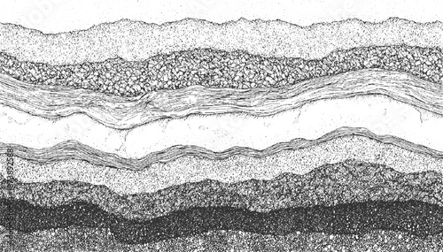 Detailed monochrome of geological strata layers with varying textures of dots, lines, and pebbles creating a complex natural cross-section