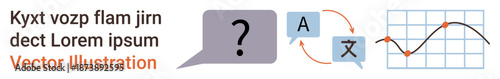 Language translation, communication tools, data analysis, education, global business, app development. Speech bubble with a question mark, translation icons and a data chart. Language translation