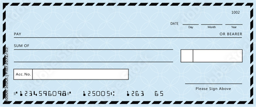 Blue Bank check, vector blank money cheque, checkbook template with guilloche pattern and fields. Currency payment coupon, money check background