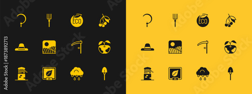 Set Fresh berries, Seeds of specific plant, Scythe, Cloud with rain, Agriculture wheat field farm, Eco healthy food, Sickle and Garden pitchfork icon. Vector