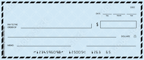 Blue Bank check, vector blank money cheque, checkbook template with guilloche pattern and fields. Currency payment coupon, money check background