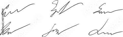 Set of hand drawn fake signatures or autographs. Vector illustration of sample fictitious signs on white bg.