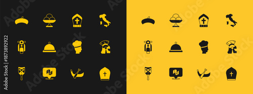 Set Map of Italy, Flag, Italian cook, Gondola boat, Covered with tray food, Pope hat, French beret and Ice cream in the bowl icon. Vector