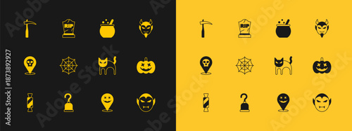 Set Devil head, Pirate hook, Black cat, Happy Halloween holiday, Spider web, witch cauldron, Scythe and Tombstone with RIP written icon. Vector
