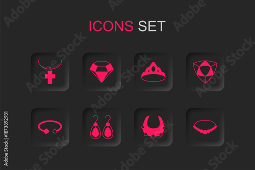 Set Earrings, Diamond, Christian cross chain, Necklace, Pearl necklace, King crown and Bracelet jewelry icon. Vector
