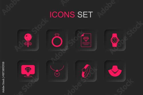 Set Locket on necklace, Diamond engagement ring, Stud earrings, Wrist watch, Necklace mannequin, Certificate of the diamond and icon. Vector