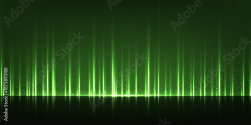 Award background. Green silk curtain luxury backdrop. Color vertical draped satin cloth texture curtain on dark floor stage. Award, presentation scene. Elegant modern vector illustration.