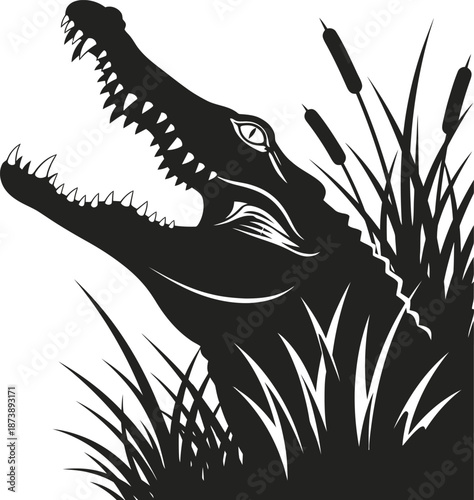 Crocodile in Reeds Wildlife Black and White Vector
