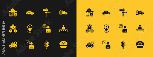 Set Taxi car, driver, Traffic light, client, Road traffic sign, service rating and icon. Vector